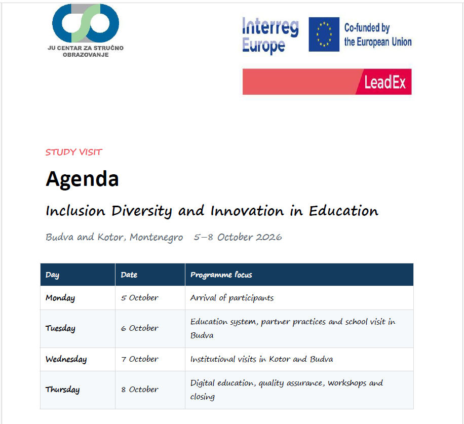 Coordination Meetings 15 - programaseducativos.es Study Visit programme — Budva and Kotor, 5–8 October 2026.