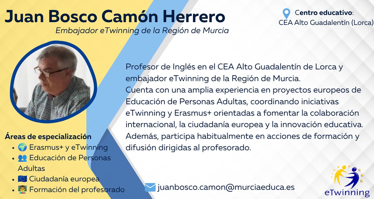 Programa eTwinning 8 - programaseducativos.es Tarjeta de Juan Bosco Camón, embajador/a eTwinning de la Región de Murcia