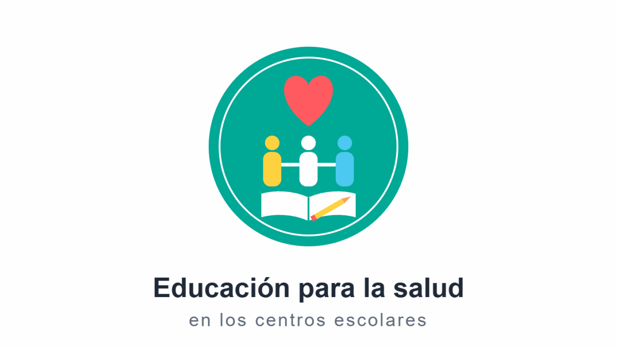 Educación para la salud en los centros escolares: círculo turquesa con corazón, tres niños, libro y lápiz